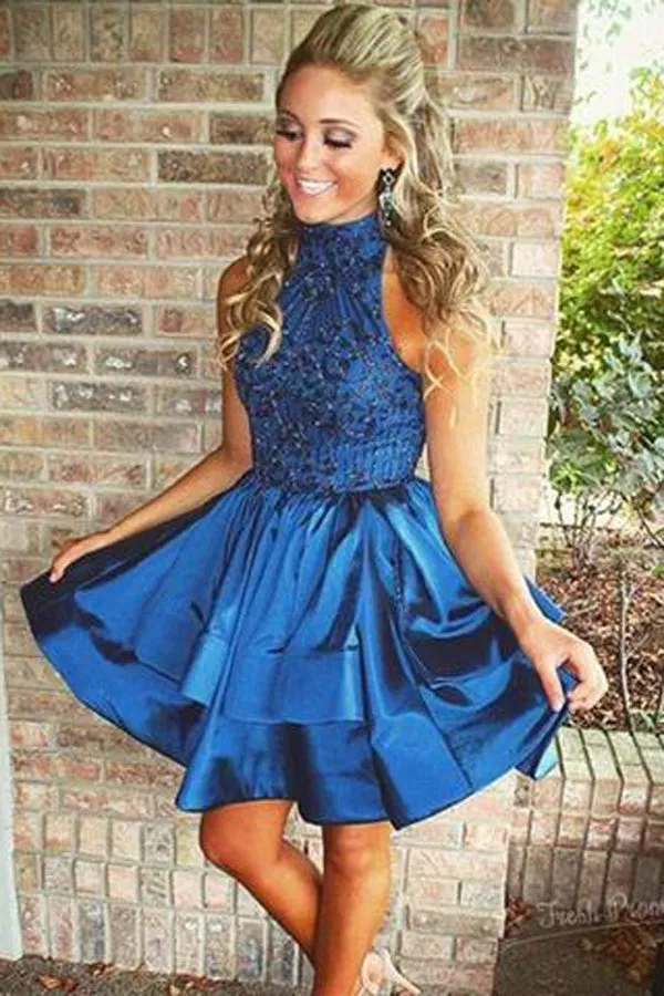 Chic High Neck Rhinstone Short Prom Dress Satin Homecoming Dress ,MH473