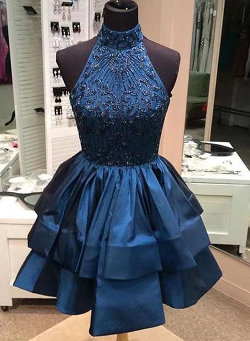 Chic High Neck Rhinstone Short Prom Dress Satin Homecoming Dress ,MH473