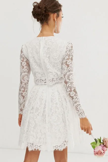Chic Two Piece Long-sleeve Short Lace Wedding Dress-715673