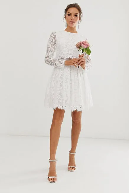 Chic Two Piece Long-sleeve Short Lace Wedding Dress-715673