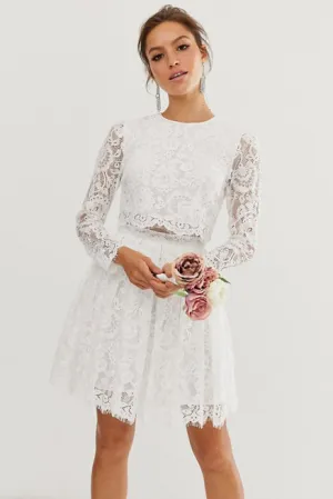 Chic Two Piece Long-sleeve Short Lace Wedding Dress-715673