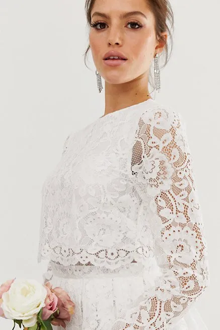 Chic Two Piece Long-sleeve Short Lace Wedding Dress-715673
