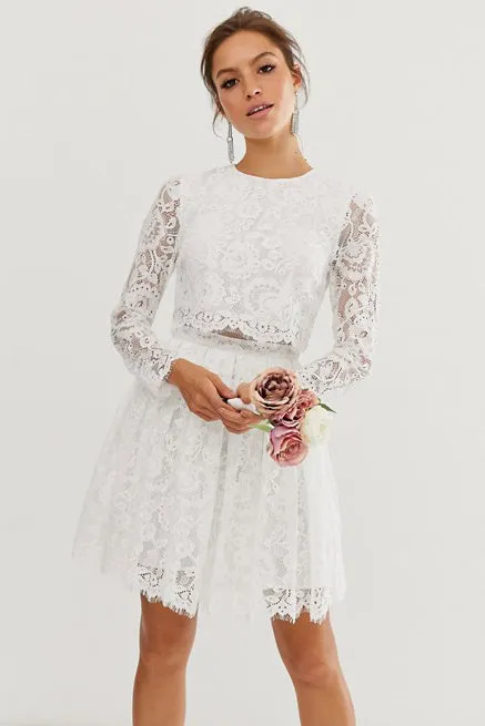 Chic Two Piece Long-sleeve Short Lace Wedding Dress-715673