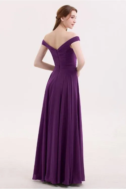 Chiffon Long Grape Bridesmaid Dresses with Off-the-shoulder
