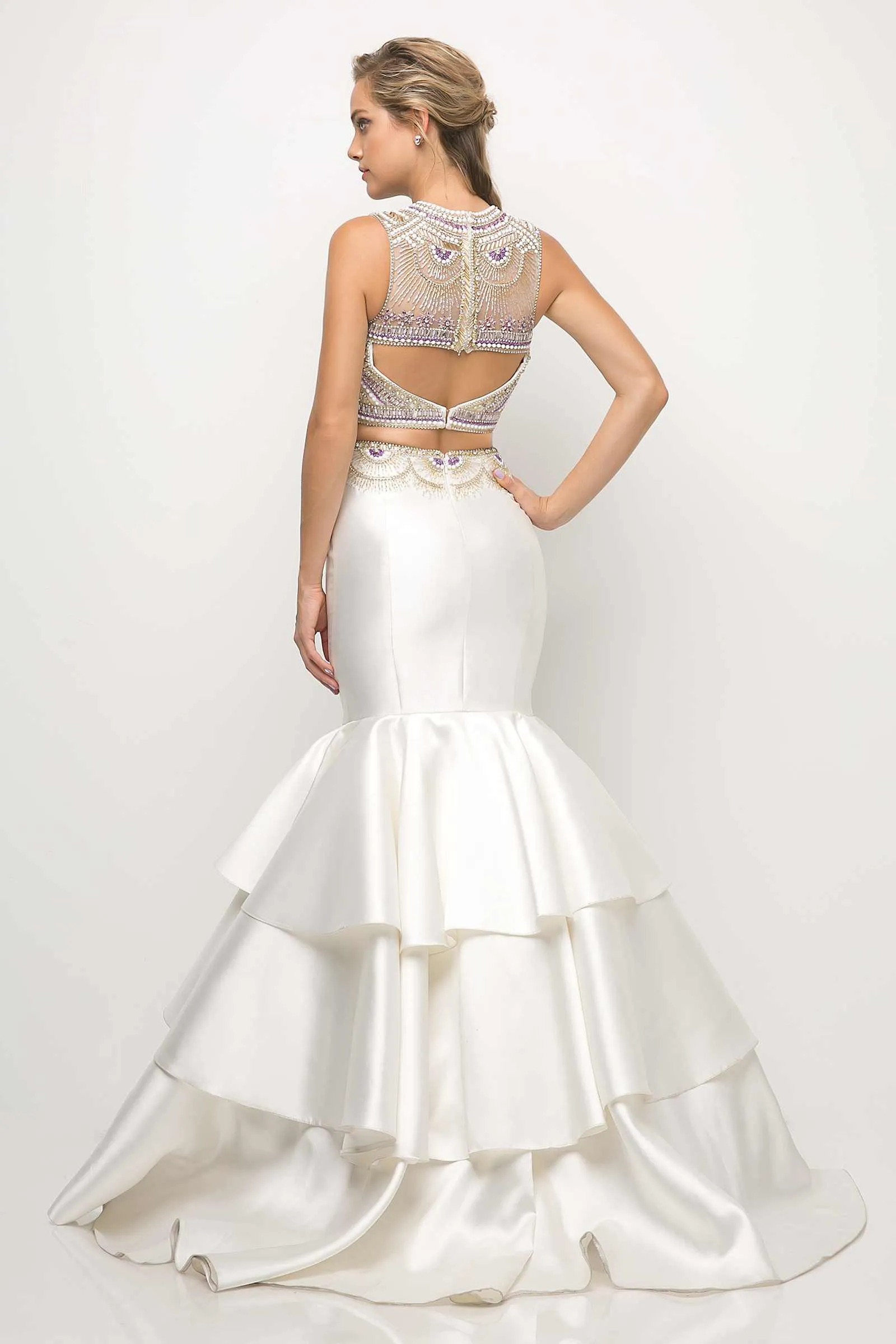 Cinderella Divine 83903 Beaded Bodice 2 Piece Mermaid Gown Layered Skirt