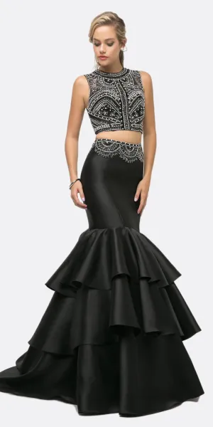 Cinderella Divine 83903 Beaded Bodice 2 Piece Mermaid Gown Layered Skirt