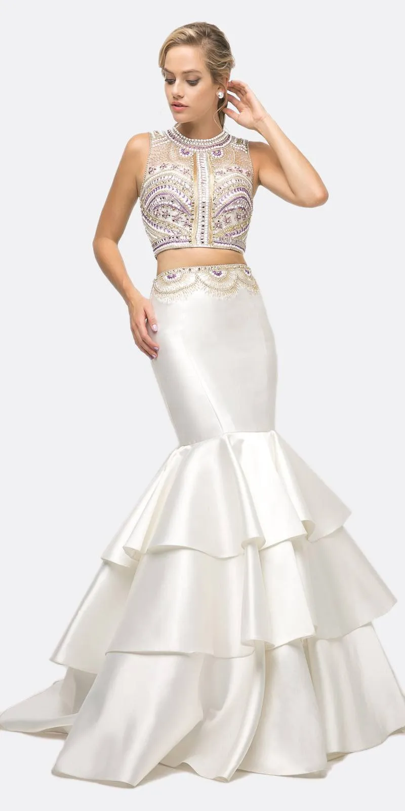 Cinderella Divine 83903 Beaded Bodice 2 Piece Mermaid Gown Layered Skirt