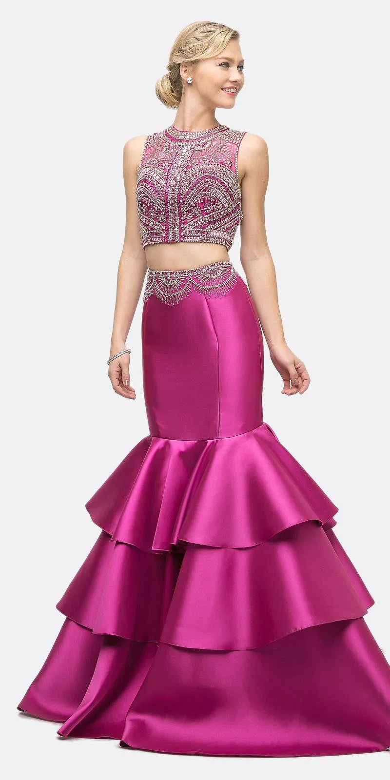 Cinderella Divine 83903 Beaded Bodice 2 Piece Mermaid Gown Layered Skirt