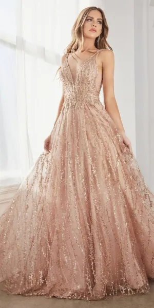Cinderella Divine C32 Long A-Line Ball Gown Layered Tulle Glitter Lace Print