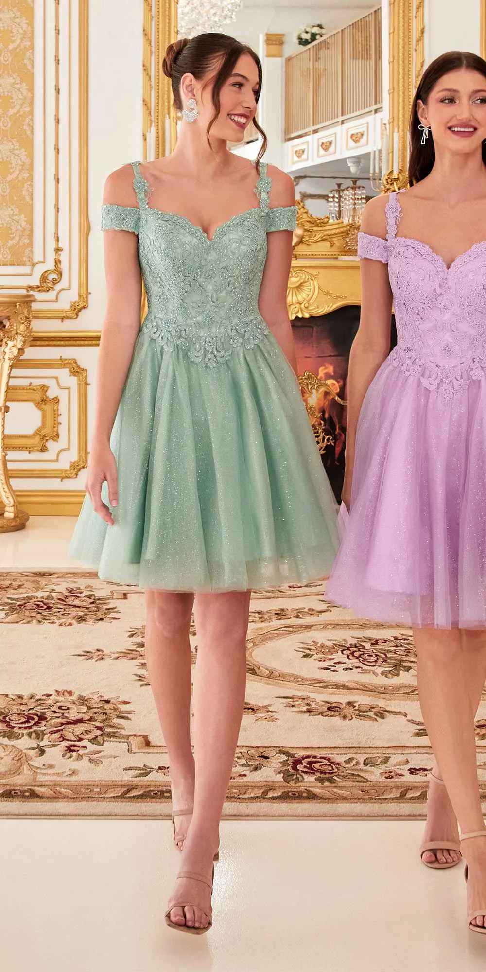 Cinderella Divine CD0132 Short A-Line Dress Off The Shoulder Glitter Tulle Skirt