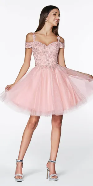 Cinderella Divine CD0132 Short A-Line Dress Off The Shoulder Glitter Tulle Skirt