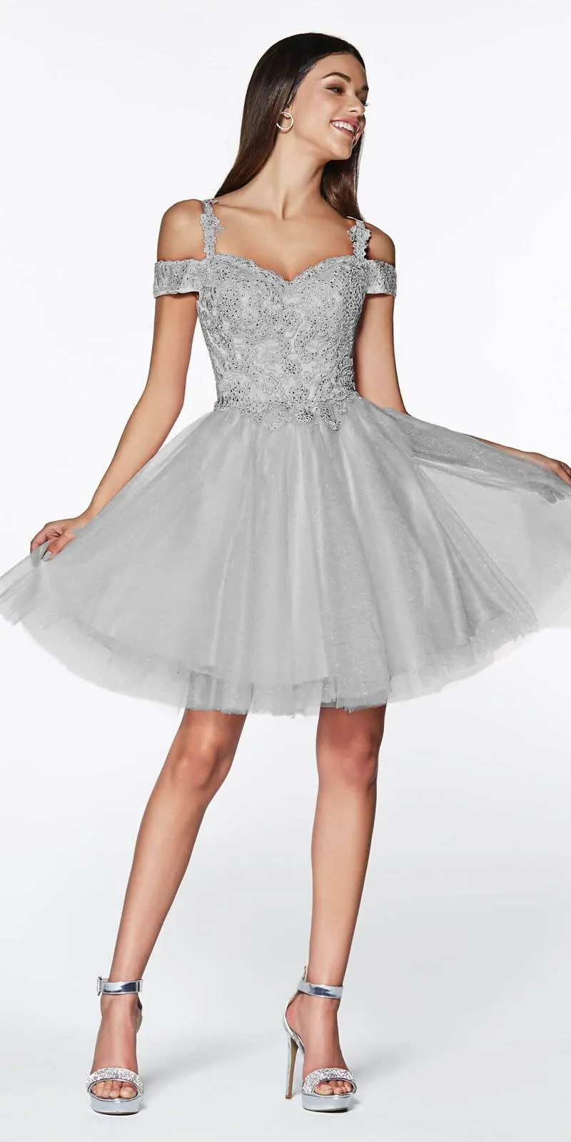 Cinderella Divine CD0132 Short A-Line Dress Off The Shoulder Glitter Tulle Skirt