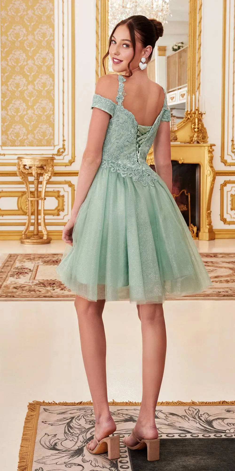 Cinderella Divine CD0132 Short A-Line Dress Off The Shoulder Glitter Tulle Skirt