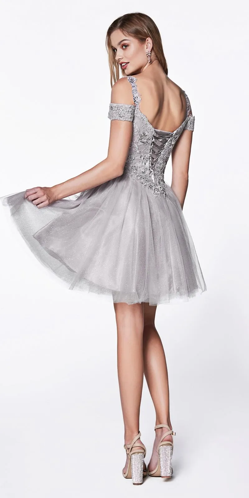 Cinderella Divine CD0132 Short A-Line Dress Off The Shoulder Glitter Tulle Skirt