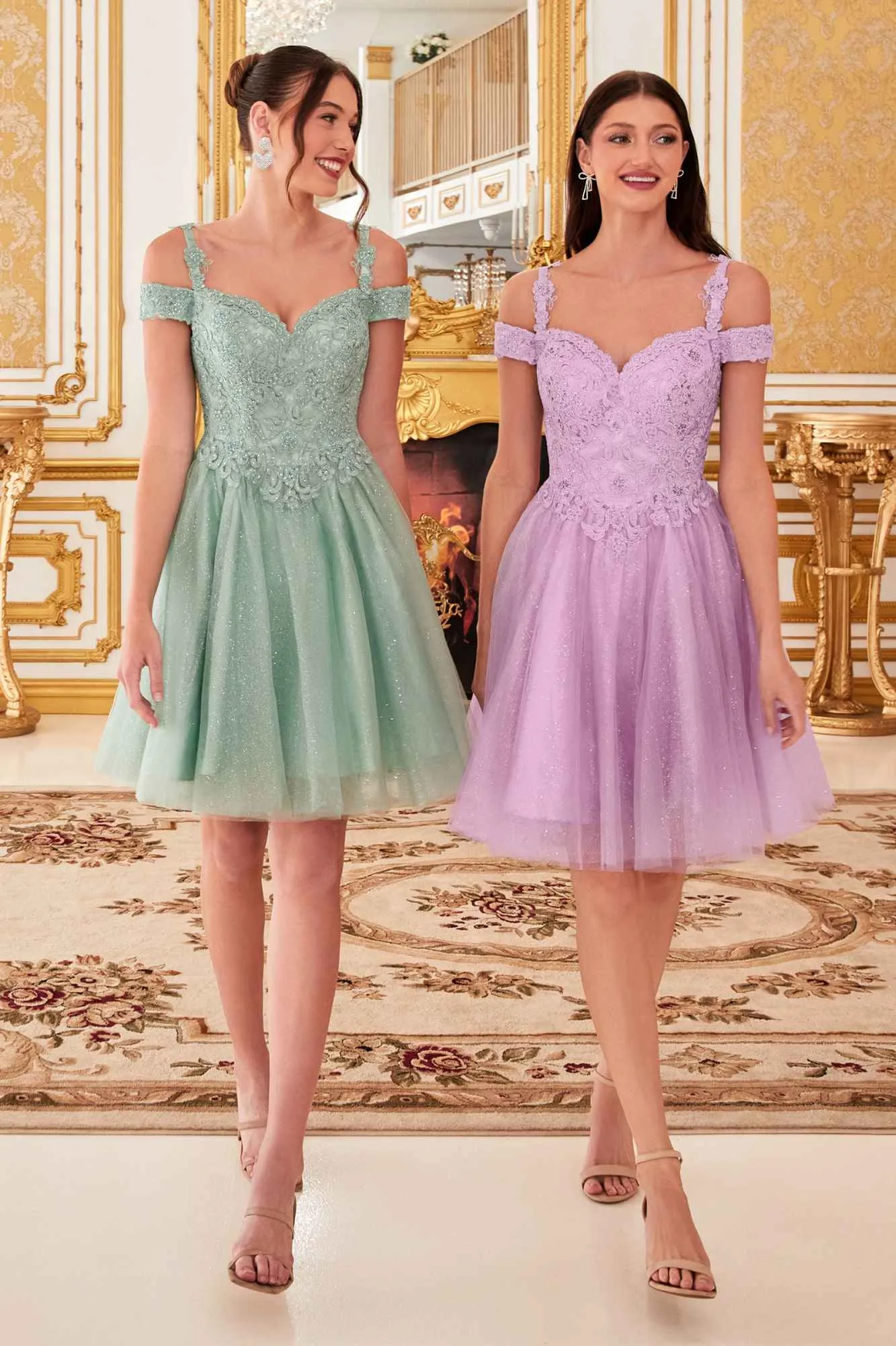 Cinderella Divine CD0132 Short A-Line Dress Off The Shoulder Glitter Tulle Skirt