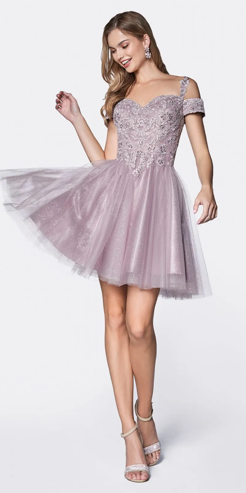 Cinderella Divine CD0132 Short A-Line Dress Off The Shoulder Glitter Tulle Skirt