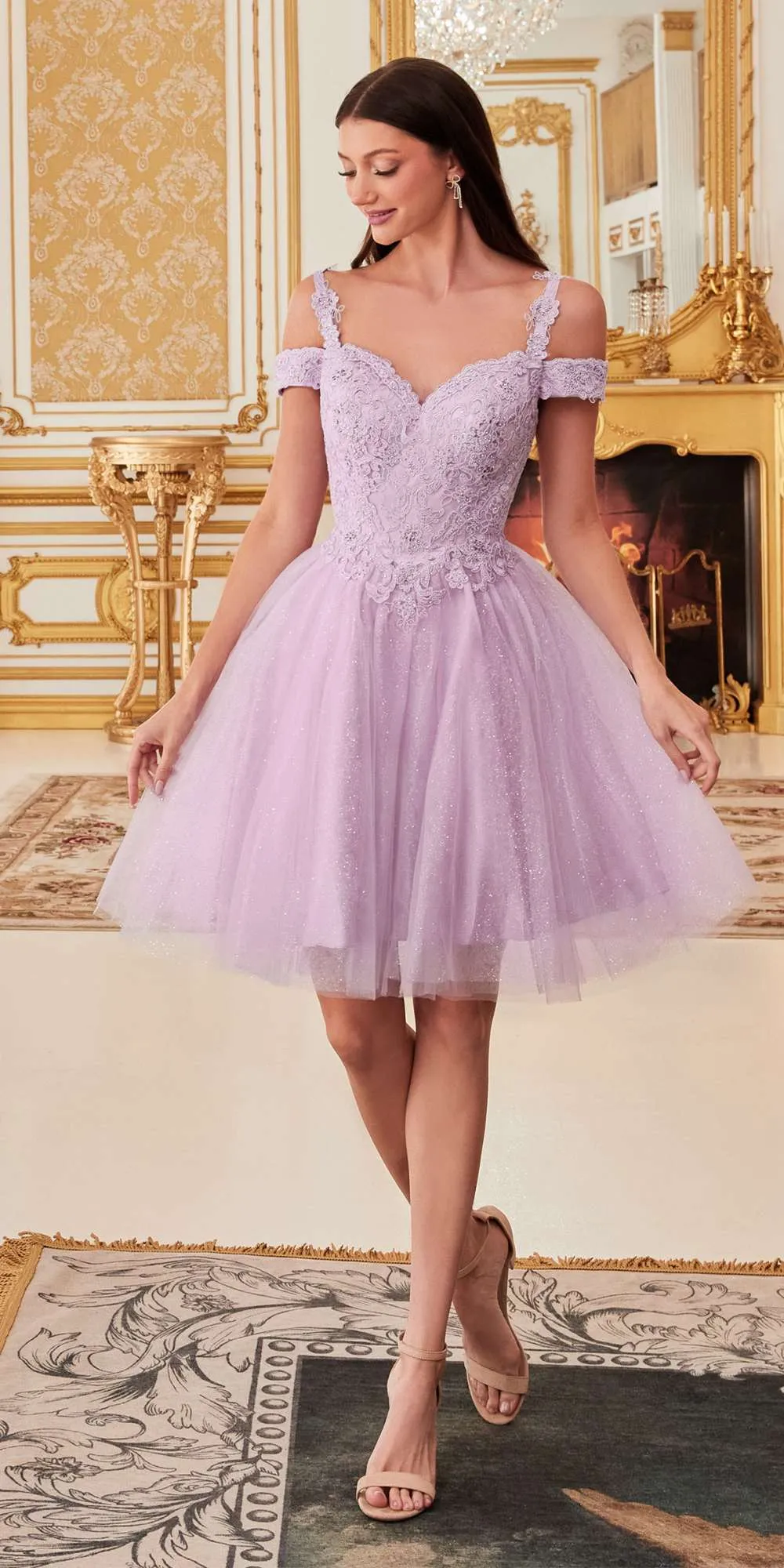 Cinderella Divine CD0132 Short A-Line Dress Off The Shoulder Glitter Tulle Skirt