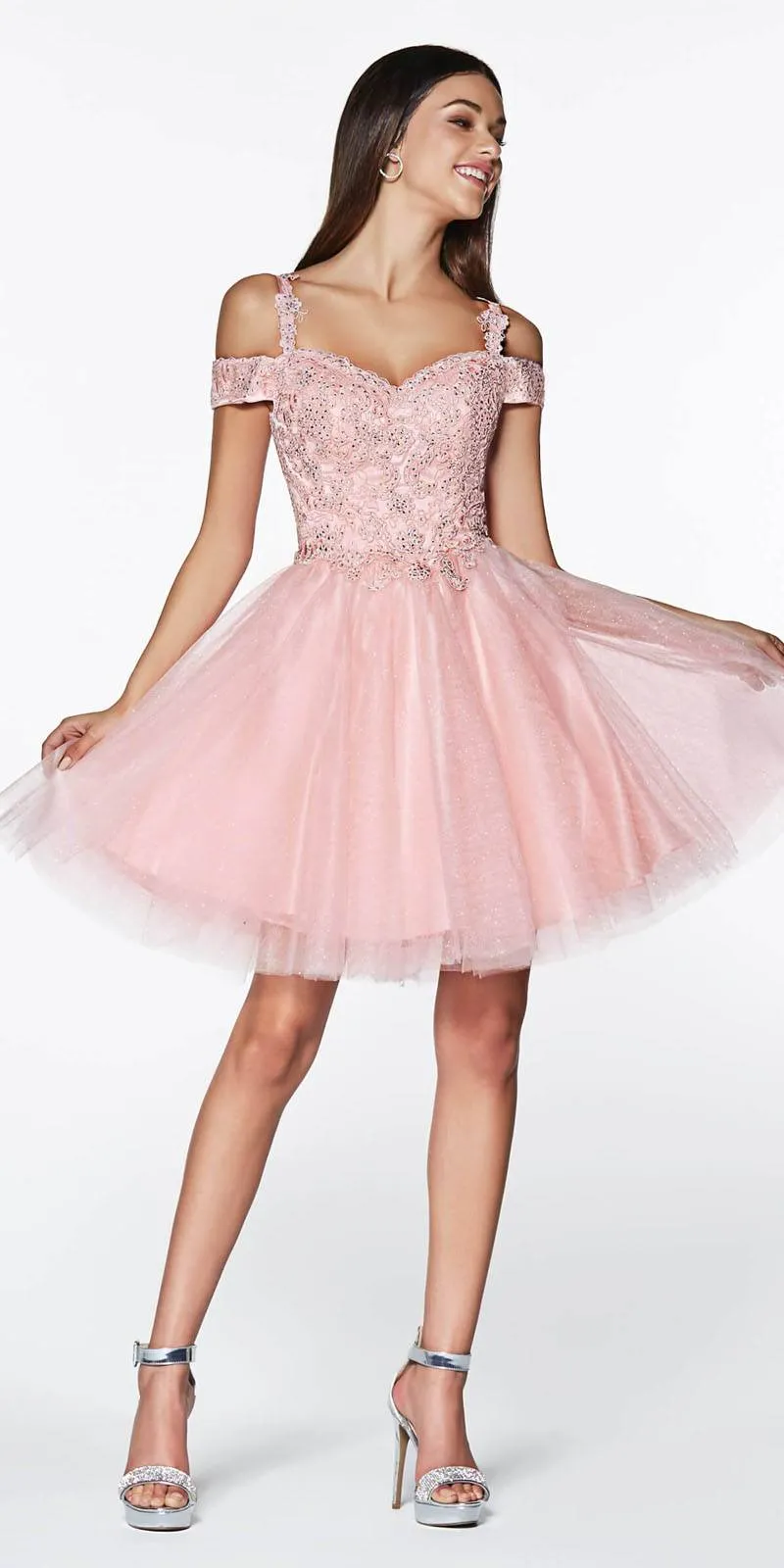 Cinderella Divine CD0132 Short A-Line Dress Off The Shoulder Glitter Tulle Skirt