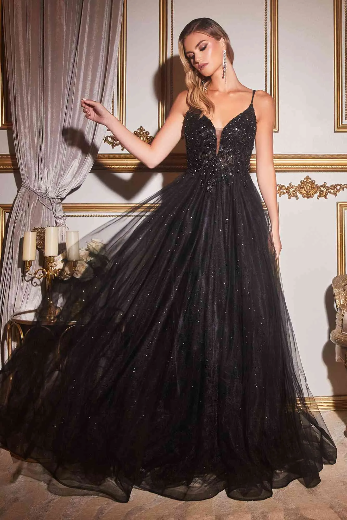 Cinderella Divine CD0154 Long Dress Beaded Applique Bodice Layered Tulle Skirt