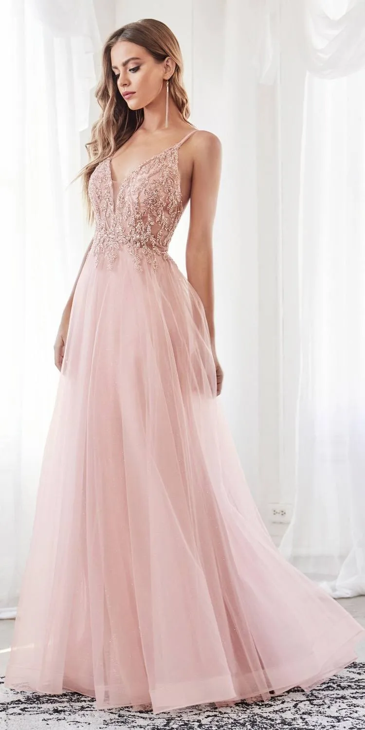 Cinderella Divine CD0154 Long Dress Beaded Applique Bodice Layered Tulle Skirt