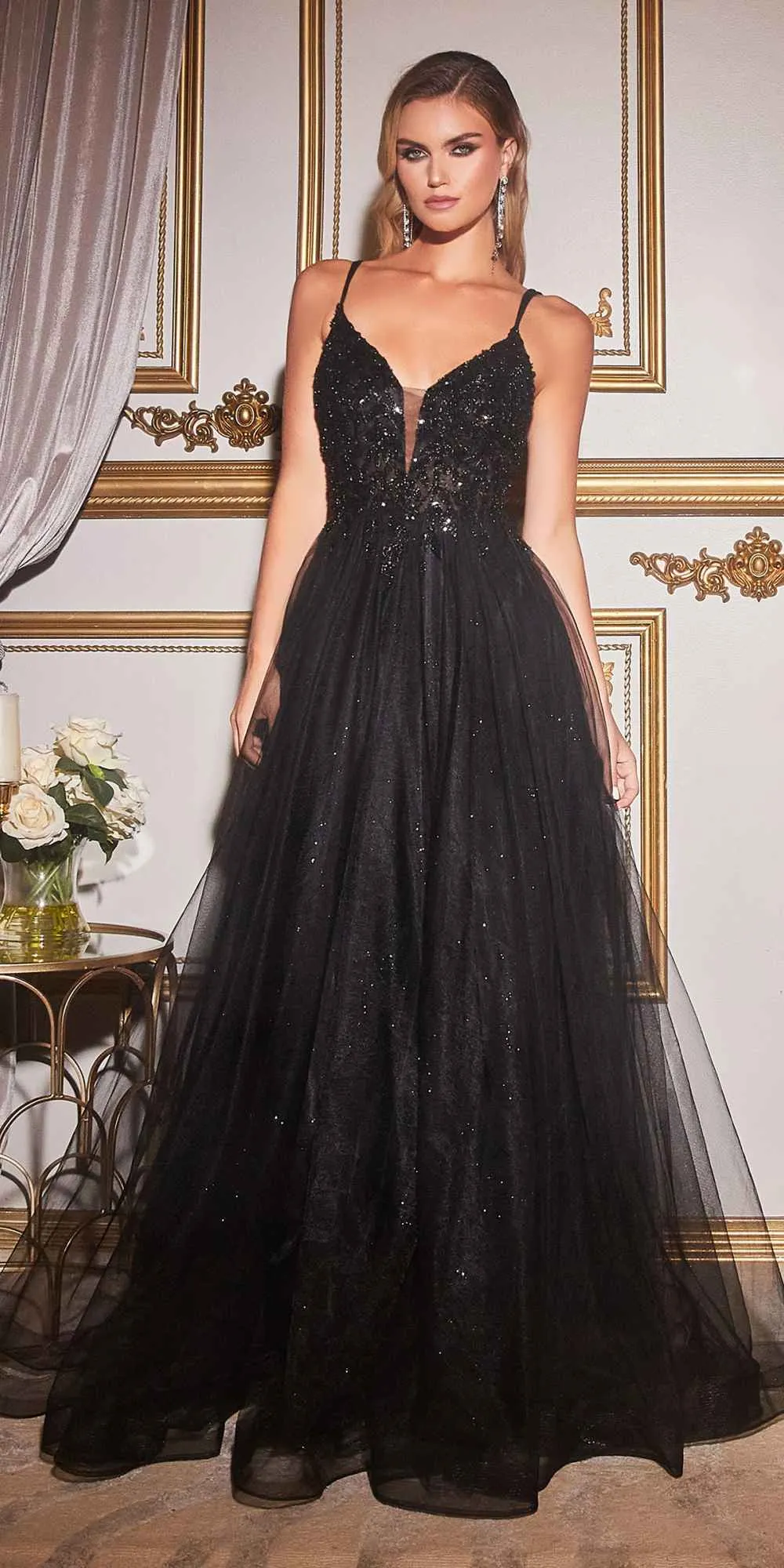 Cinderella Divine CD0154 Long Dress Beaded Applique Bodice Layered Tulle Skirt