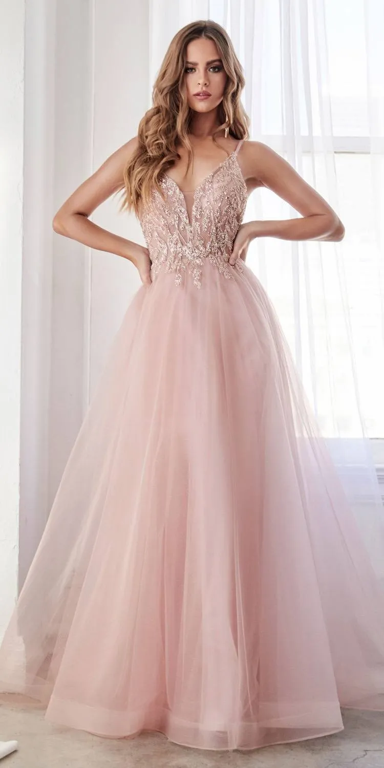 Cinderella Divine CD0154 Long Dress Beaded Applique Bodice Layered Tulle Skirt