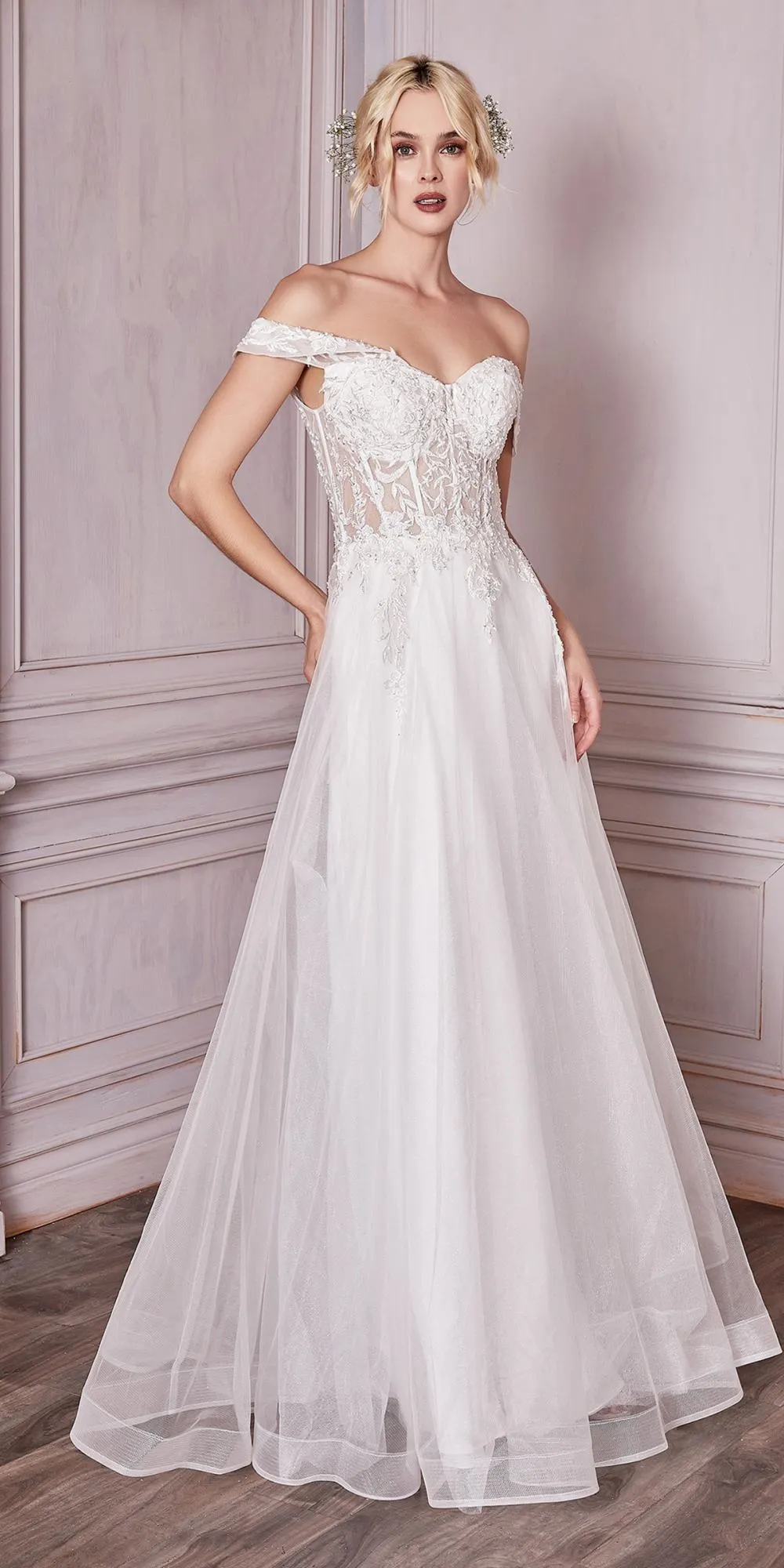 Cinderella Divine CD961W Long Lace Off the Shoulder Bridal Gown