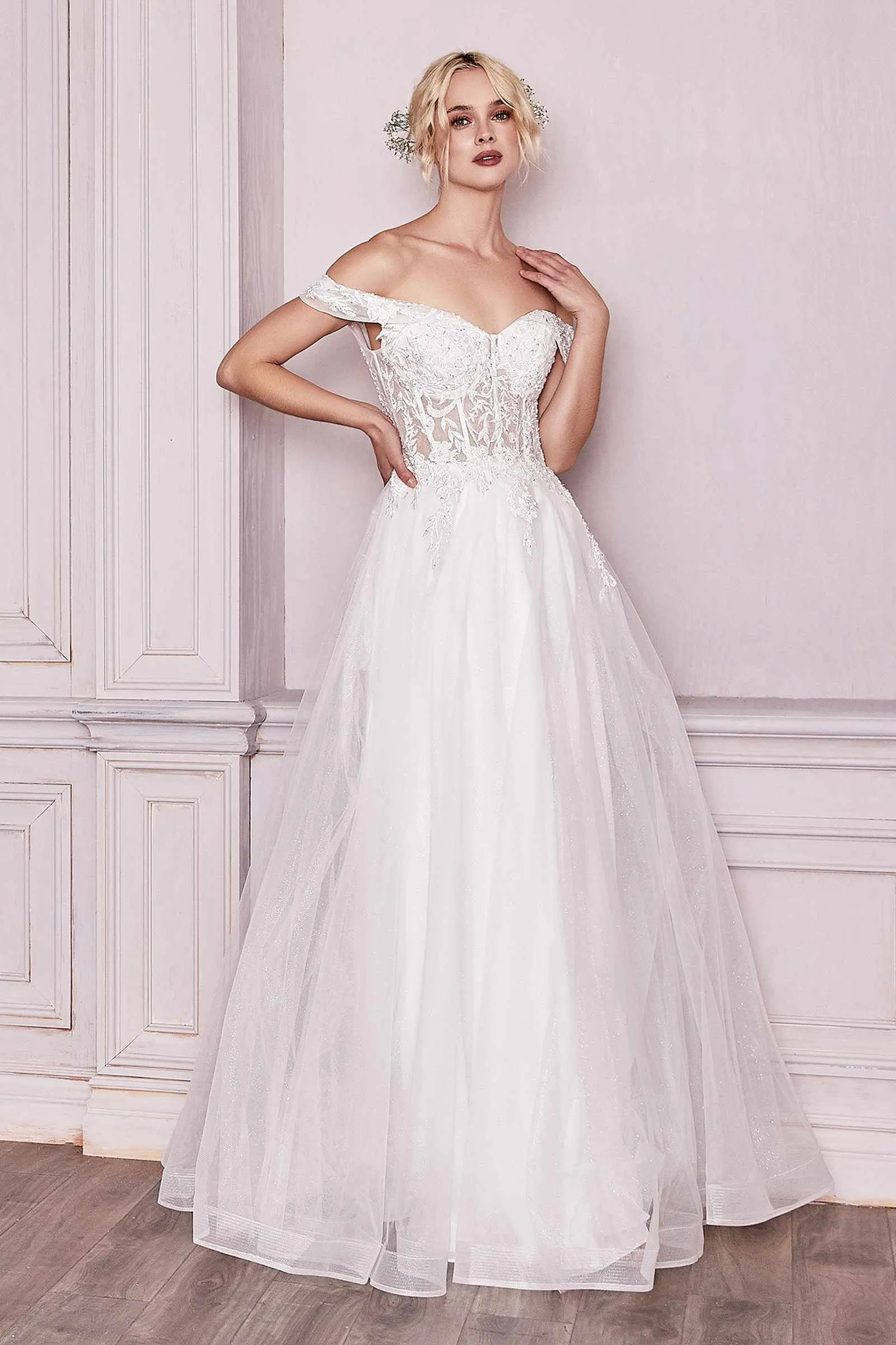 Cinderella Divine CD961W Long Lace Off the Shoulder Bridal Gown