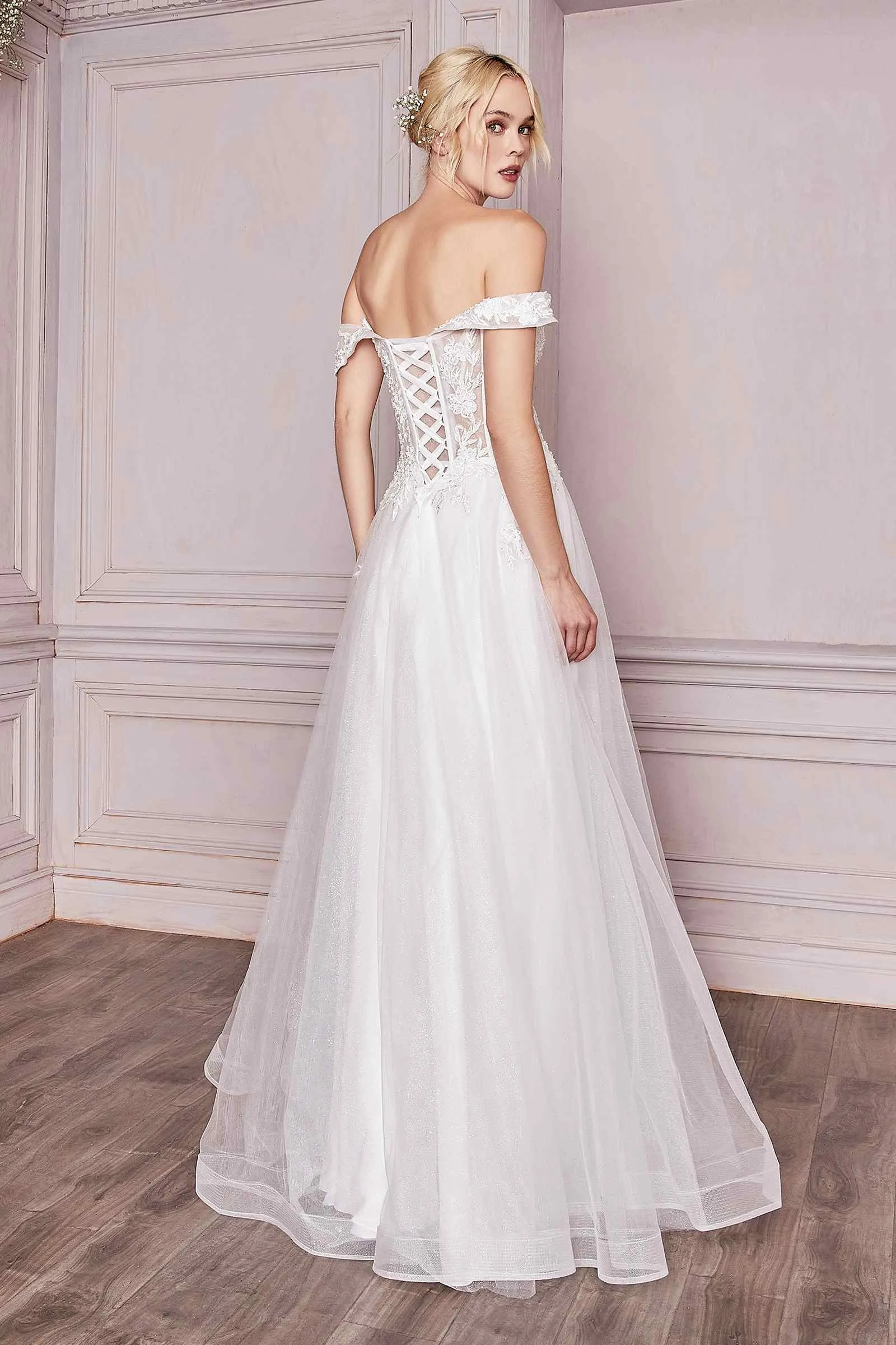 Cinderella Divine CD961W Long Lace Off the Shoulder Bridal Gown