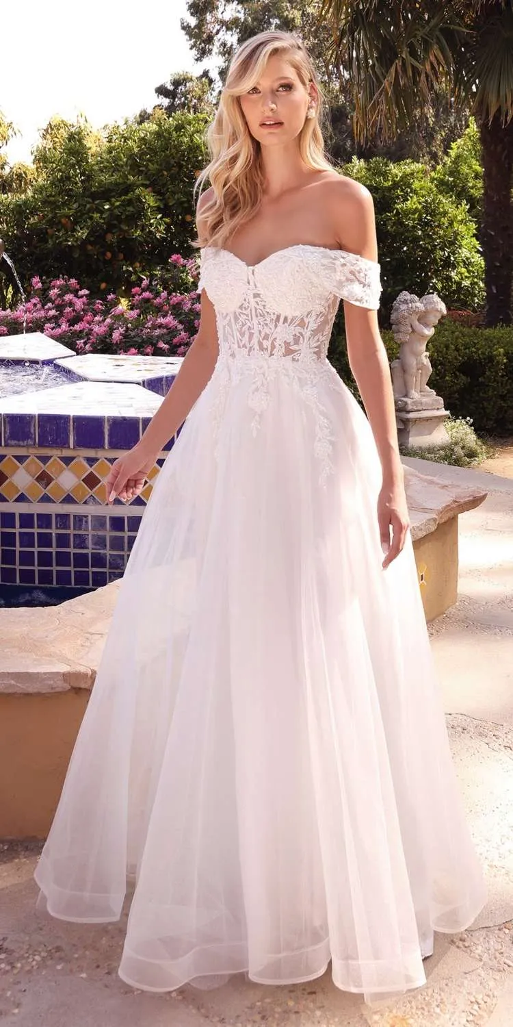 Cinderella Divine CD961W Long Lace Off the Shoulder Bridal Gown