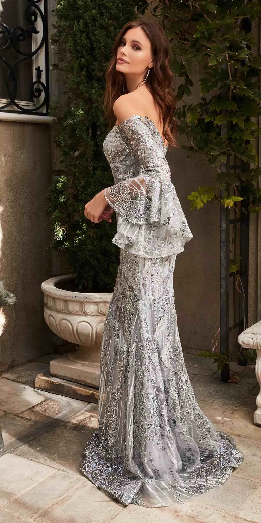 Cinderella Divine CM319 Off the Shoulder Long Bell Sleeved Lace Gown