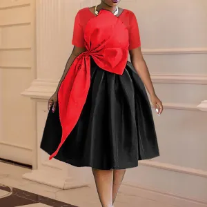 Colorblock Short Sleeve Bowknot Decoration Big Swing Dress