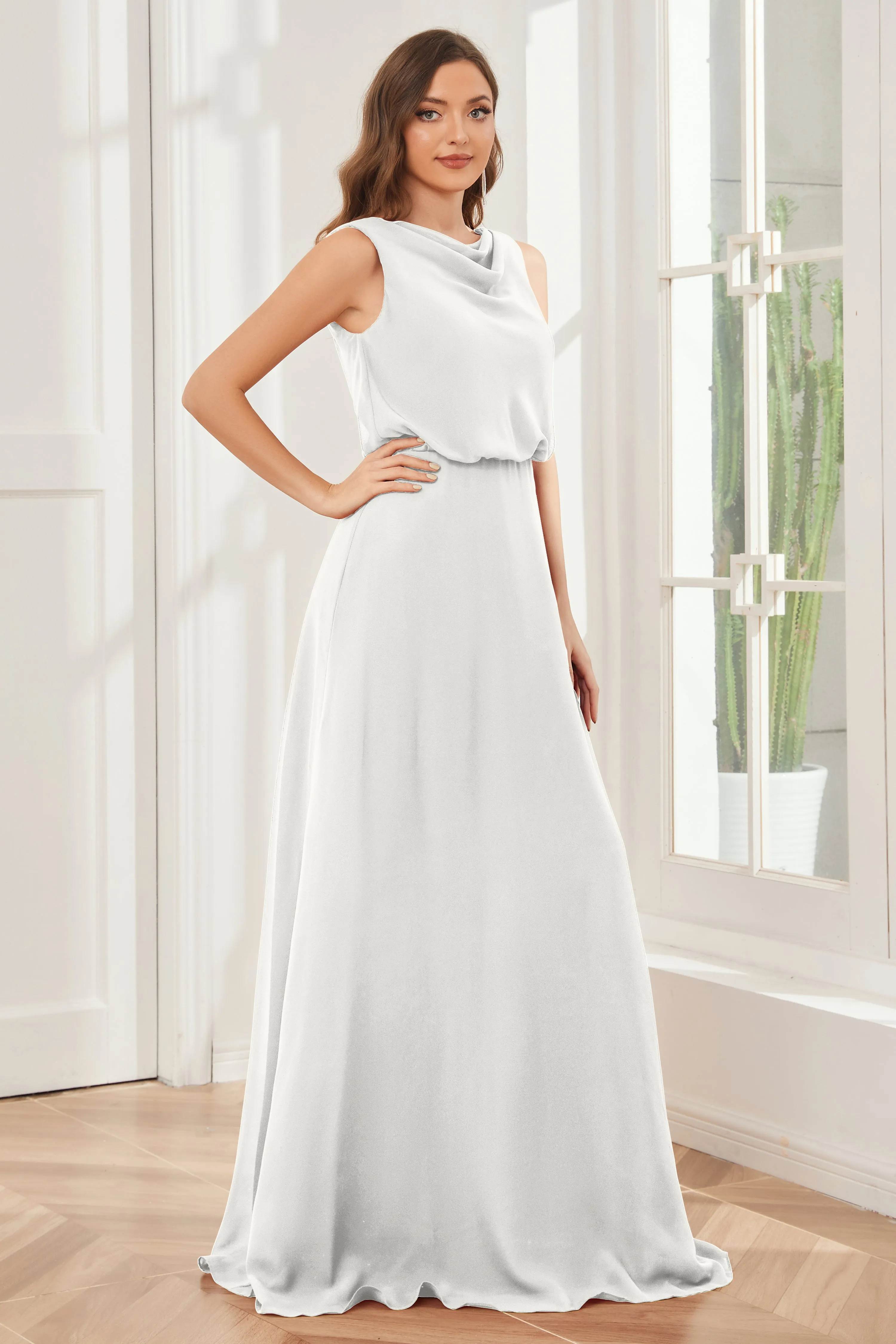 Column Cowl Neck Sleeveless Chiffon Bridesmaid Dresses