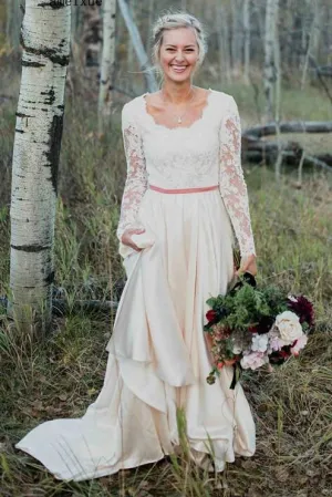 Country Modest Long Sleeve A-Line Scalloped Lace And Satin Wedding Gown-715767