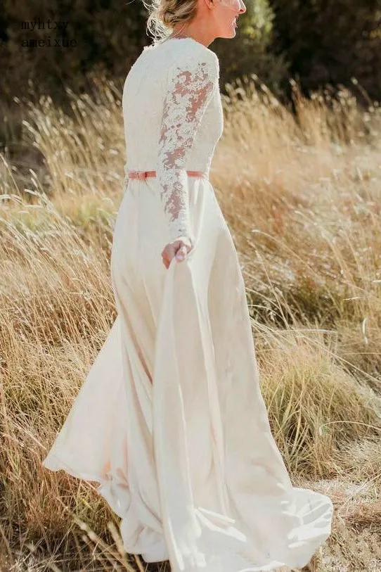 Country Modest Long Sleeve A-Line Scalloped Lace And Satin Wedding Gown-715767