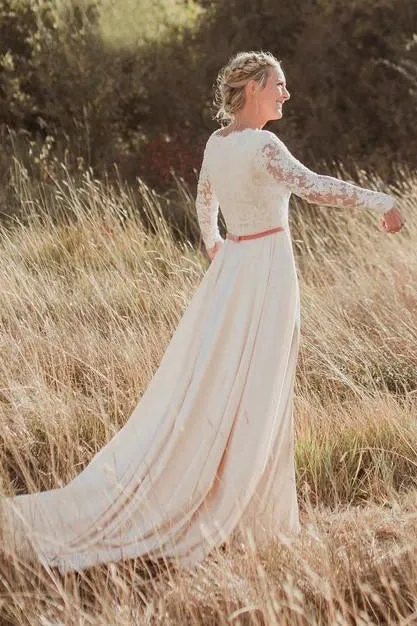 Country Modest Long Sleeve A-Line Scalloped Lace And Satin Wedding Gown-715767