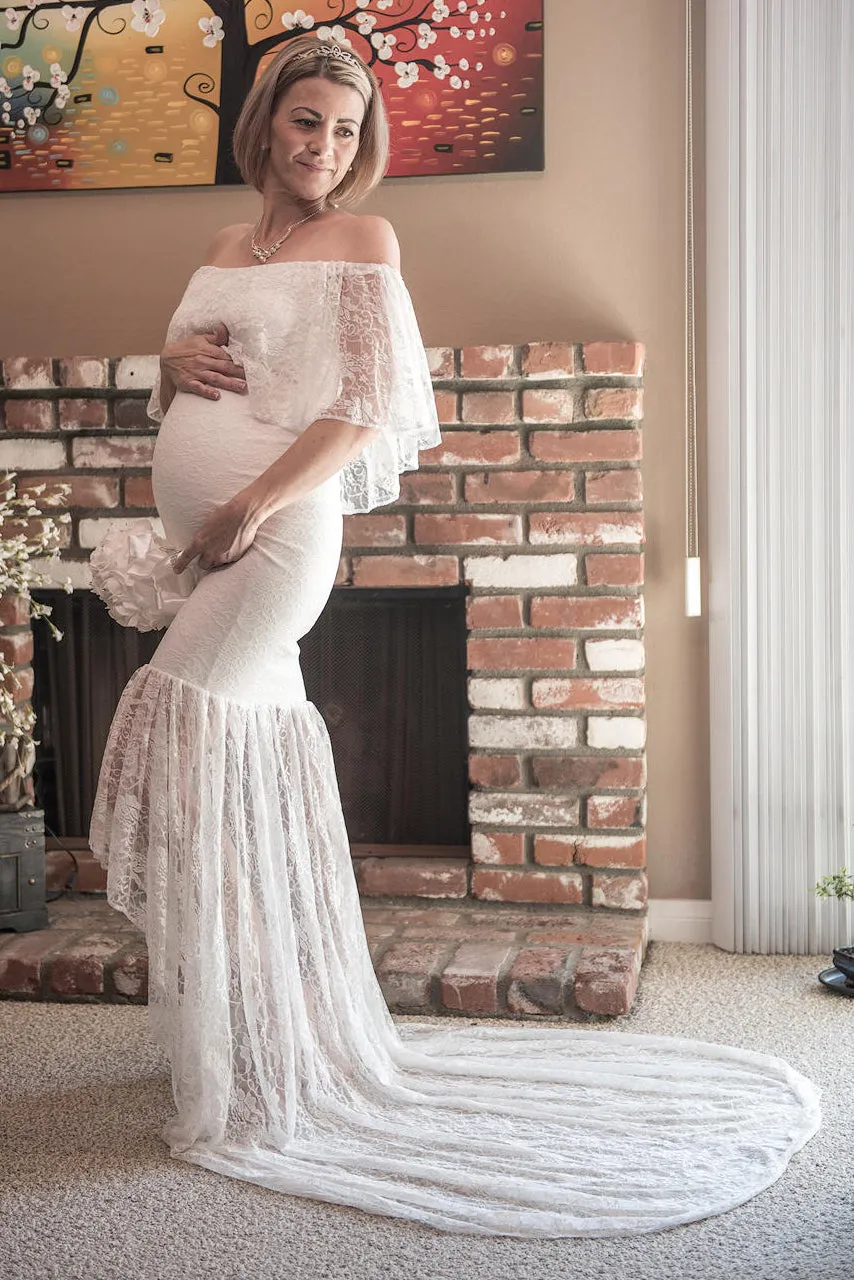 Country Off-the-shoulder Half Sleeve Lace Pleated Ruffled Maternity Wedding Dress-715510