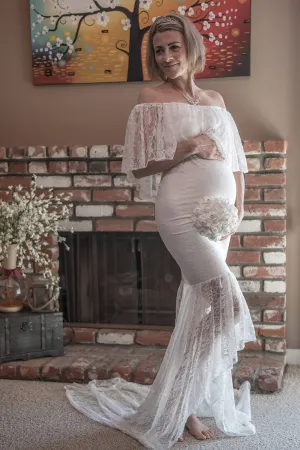 Country Off-the-shoulder Half Sleeve Lace Pleated Ruffled Maternity Wedding Dress-715510