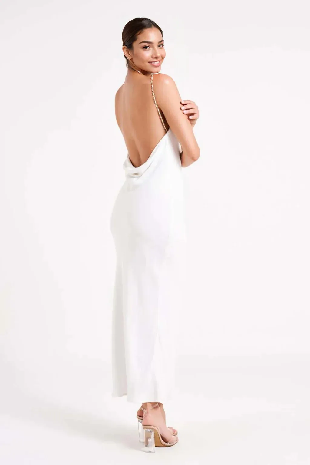 Cowl Midi Dress With Pearl Trim - White