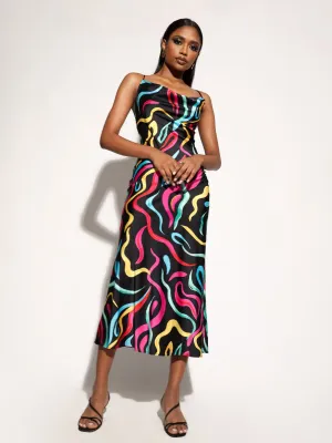 Cowl Neck Back Tie Up Midi Dress