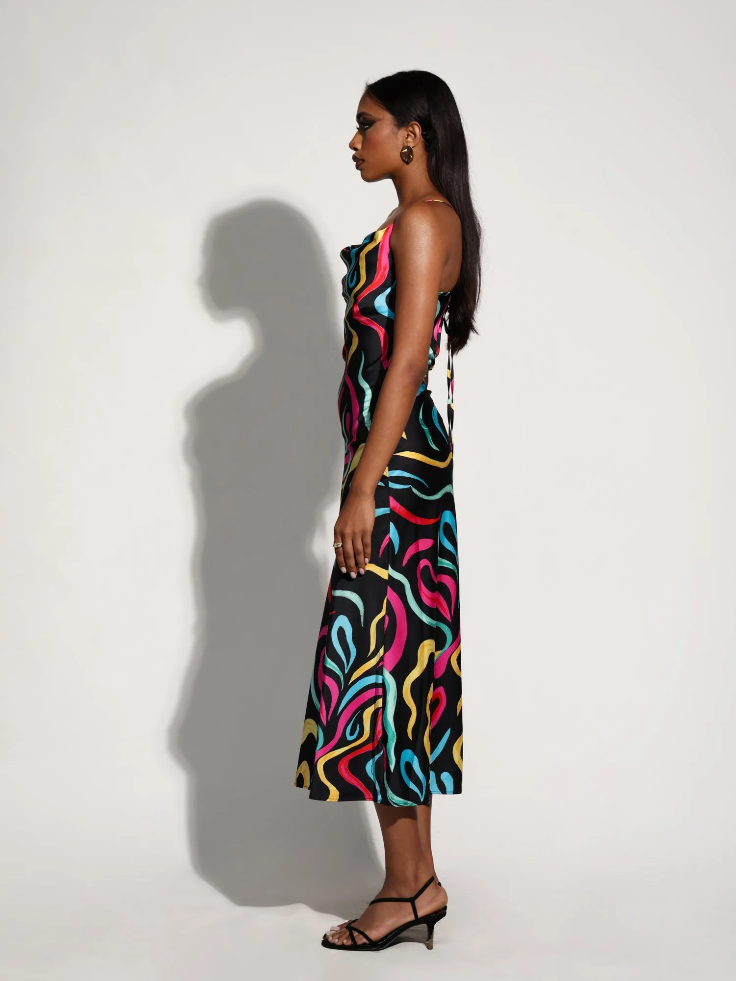 Cowl Neck Back Tie Up Midi Dress