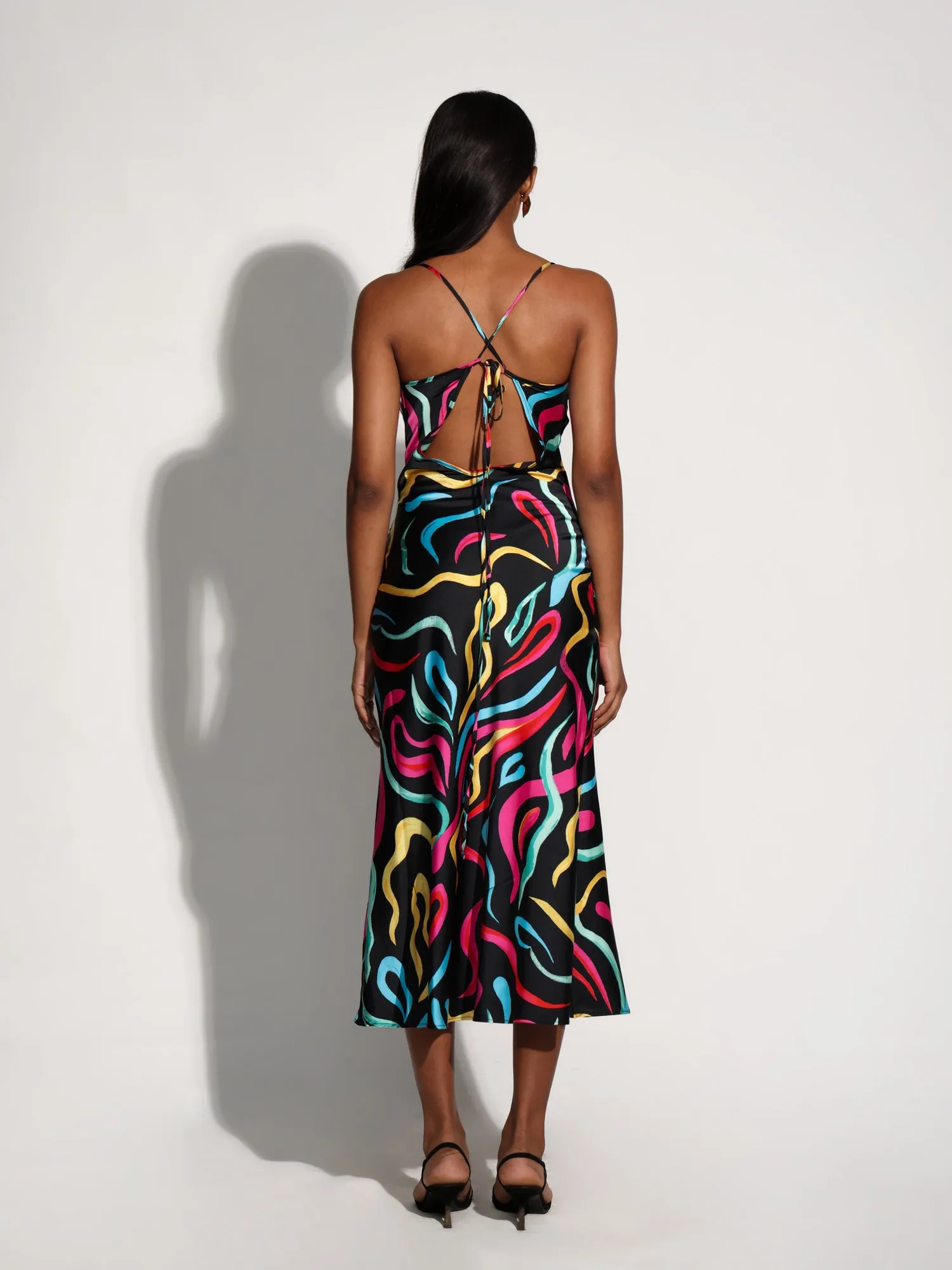 Cowl Neck Back Tie Up Midi Dress