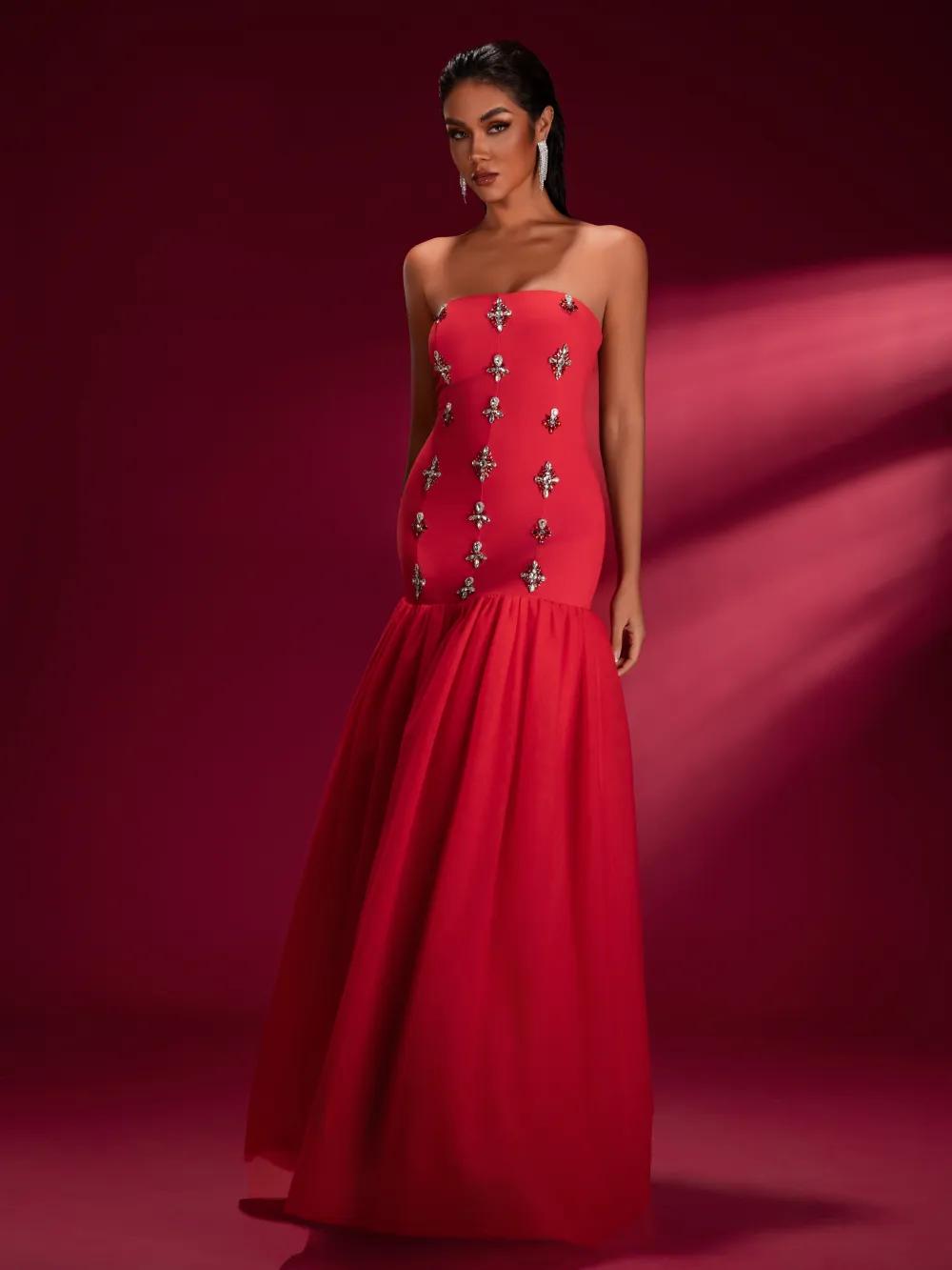 Crystal-Embellished Tulle Red Strapless Gown