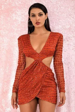 Cut Out Glitter Slim Fit Mini Dress - Orange