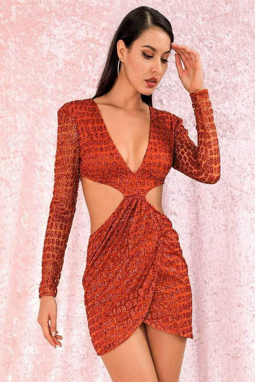 Cut Out Glitter Slim Fit Mini Dress - Orange