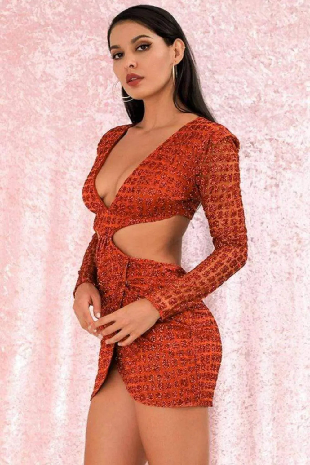 Cut Out Glitter Slim Fit Mini Dress - Orange