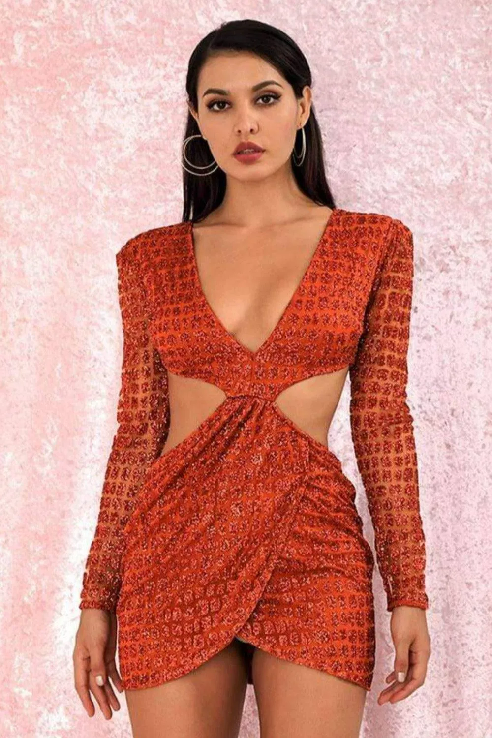 Cut Out Glitter Slim Fit Mini Dress - Orange