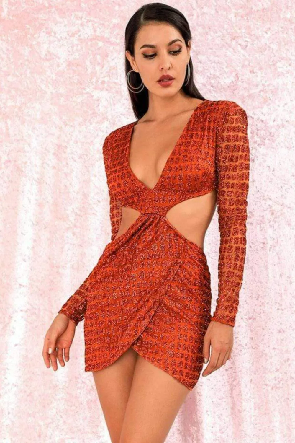 Cut Out Glitter Slim Fit Mini Dress - Orange