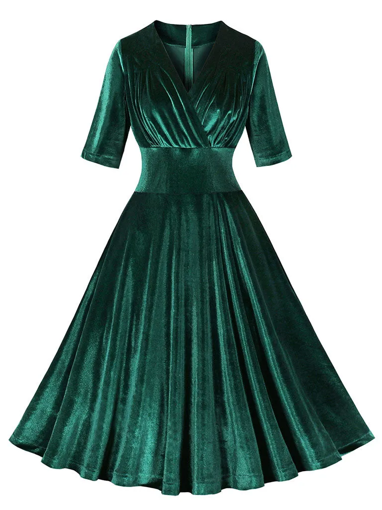 Dark Green V Neck Short Sleeve Velvet Vintage Swing Dress