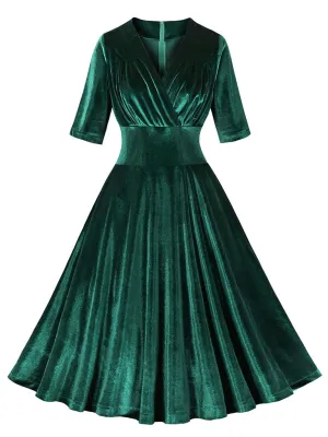 Dark Green V Neck Short Sleeve Velvet Vintage Swing Dress